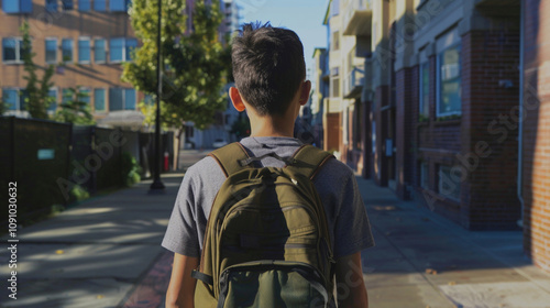 Child alone on the street. Difficulties in the relationship between children and parents concept. Teenager kid with backpack runs from home.  photo