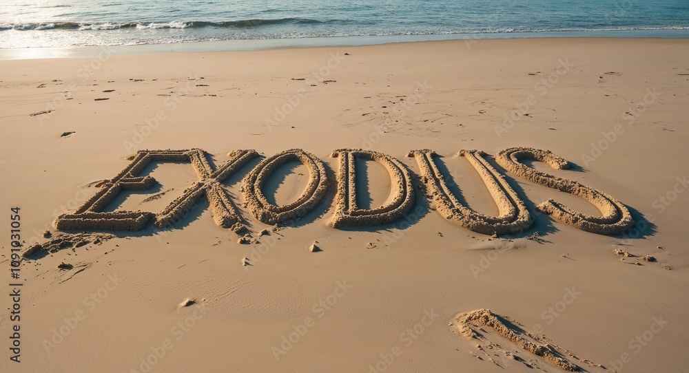 Fototapeta premium Exodus lettering on sand in beach on summer