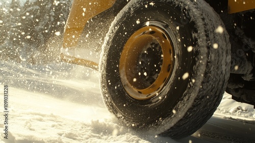 Close-up of a large vehicle’s spinning wheel in an overhead angle, with fresh snow flying up as the car struggles to gain traction on a slippery icy road, showcasing tire marks, snowflakes in motion