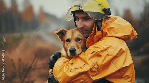 A firefighter in a yellow raincoat embraces a dog, showcasing a moment of compassion in a challenging environment.