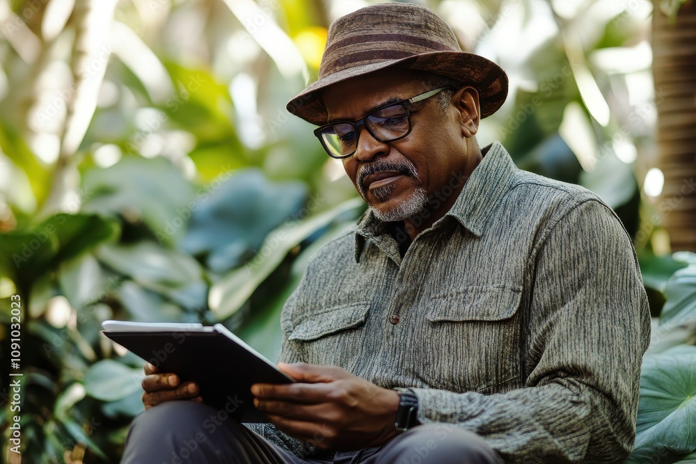 Obraz premium Man Using Tablet in Botanical Garden Setting