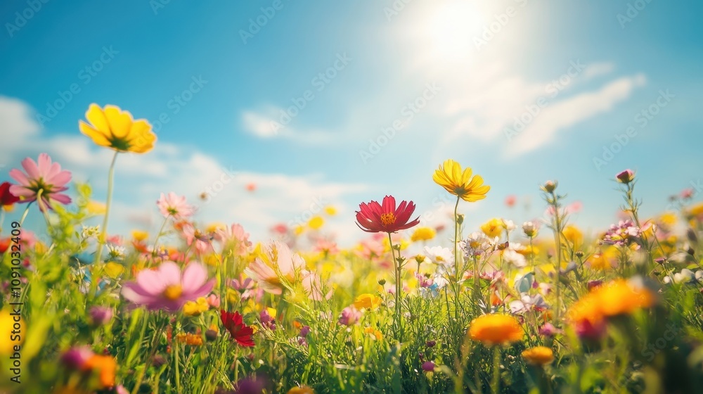 Fototapeta premium A panoramic field of multicolored wildflowers under a bright spring sun, with a gentle breeze creating waves of color across the blossoms