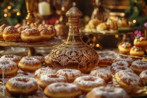 Hanukkah Table with Olive Oil Centerpiece photo