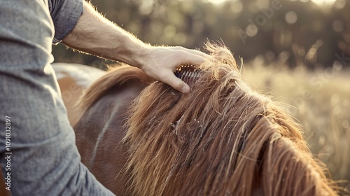 A person gently combing the mane of a horse in a sunlit field, showcasing a moment of care and connection.