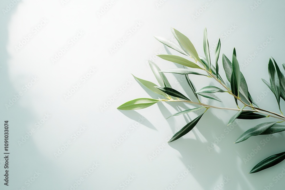 Fototapeta premium Olive branch casting shadow on pastel background