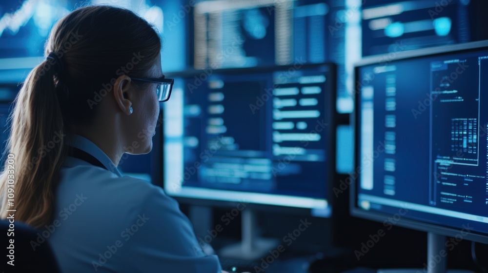 A woman in glasses works intently at multiple computer screens displaying data and code in a dark, high-tech environment. A woman in glasses works intently at multiple computer screens displaying data and code in a dark, high-tech environment.
