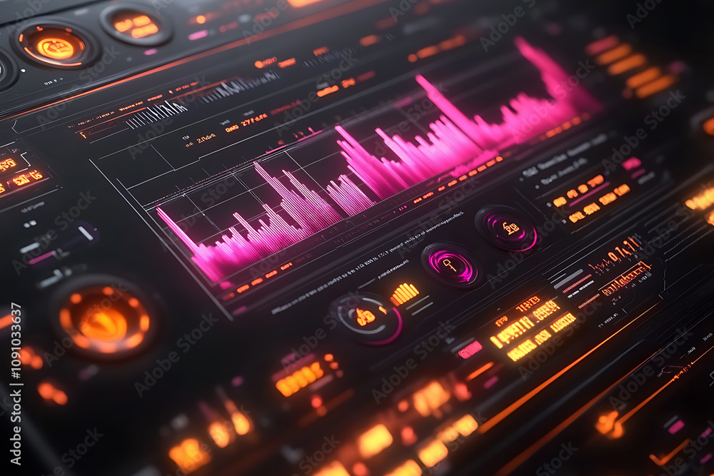 Obraz premium Futuristic Tech Interface: Neon Cyberpunk Dashboard Display. Sci-fi Digital Screen with Pink and Orange Hues. Abstract Graphic Design, Modern UI UX