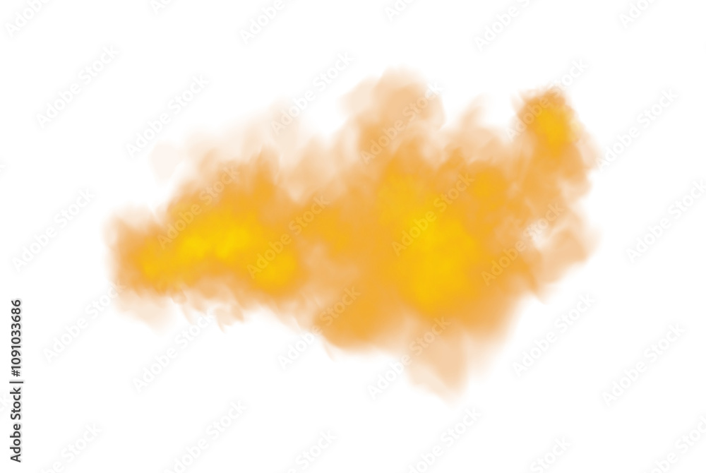 Fototapeta premium Bright Orange Smoke Cloud Illustration. Fantastic orange smoke. Magic smoke. Smog cloud on podium or stage. Fog vapor over ground or water surface, magic haze. PNG.