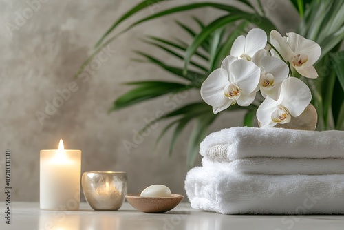 Elegant white orchids and plush towels evoke a sense of luxury and tranquility.