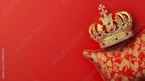 A crown is placed on a red pillow