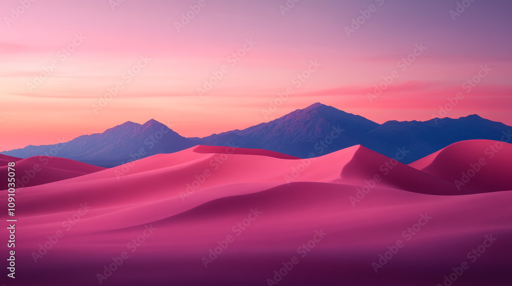 Pink Sunset Over Desert Dunes: A mesmerizing panorama of pink sand dunes stretching towards a dramatic, fiery sunset sky, capturing the ethereal beauty of a desert landscape Pink Sunset Over Desert Dunes: A mesmerizing panorama of pink sand dunes stretching towards a dramatic, fiery sunset sky, capturing the ethereal beauty of a desert landscape