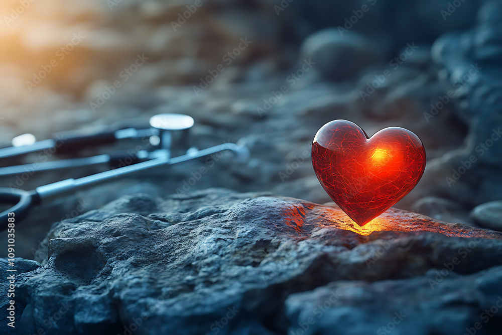 Fototapeta premium Glowing Heart on Rocks: A Symbol of Love, Care, and Hope. A powerful image representing intense emotions and the strength of the human spirit.