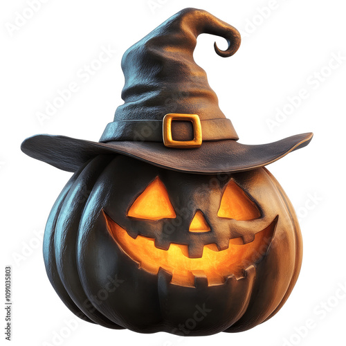 Halloween pumpkin with witch hat and glowing face photo