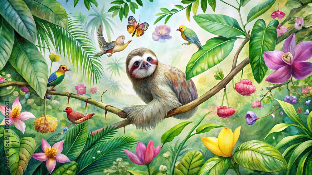 Naklejka premium Charming Sloth Surrounded by Tropical Flora and Colorful Birds in a Lush Rainforest Setting, Capturing the Serenity of Nature in Vibrant Illustration