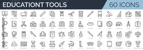 Set of 60 outline icons related to education tools and equipment. Linear icon collection. Editable stroke. Vector illustration	