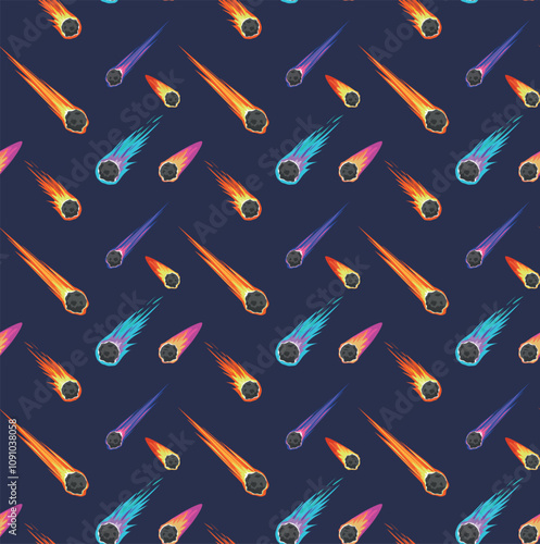 Seamless pattern with space meteors, comets and asteroids with fire trails 