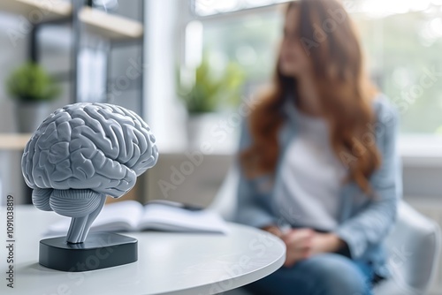 Close-up of a brain model on a desk in a consultation room with a patient in the background, symbolizing mental health and neuroscience discussion