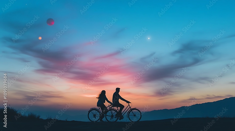 Fototapeta premium A couple biking under a twilight sky with colorful planetary bodies above, the scene bathed in hues of pink and blue, evoking romance and fantasy