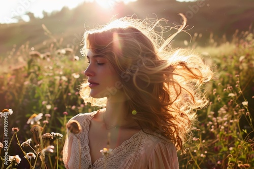 Woman standing in a sunlit field of wildflowers wind tousling her hair gently. photo