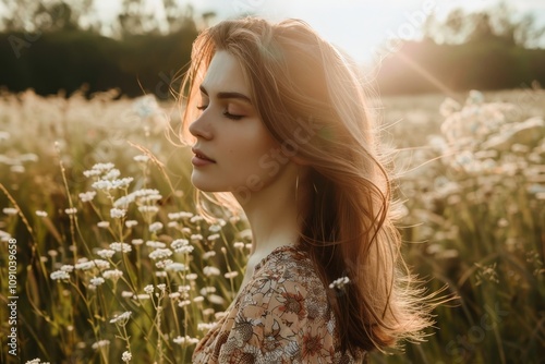 Woman standing in a sunlit field of wildflowers wind tousling her hair gently. photo