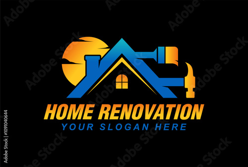 Home renovation, maintenance and building construction logo design template, illustration vector home services renovation black background	