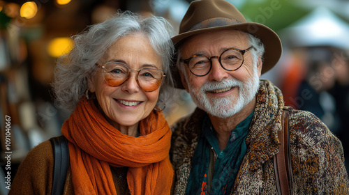Elderly couple enjoying their time together at a bustling street market during a sunny afternoon. Generative AI