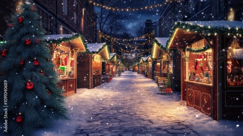 Wallpaper Mural Festive holiday market at night with lights and snowfall
 Torontodigital.ca