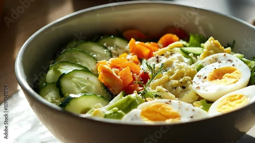 A Vibrant Bowl of Fresh Vegetables and Eggs Sublimely Arranged in Natural Light photo