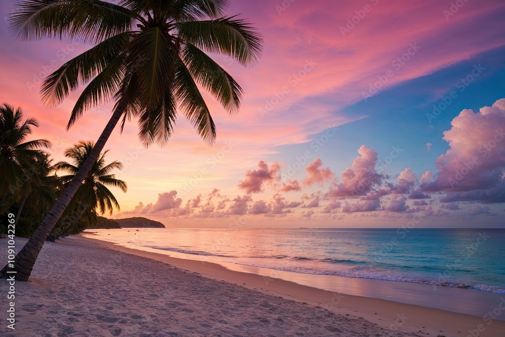 Fototapeta premium Tropical Sunrise Over Sandy Beach with Coconut Trees in Paradise