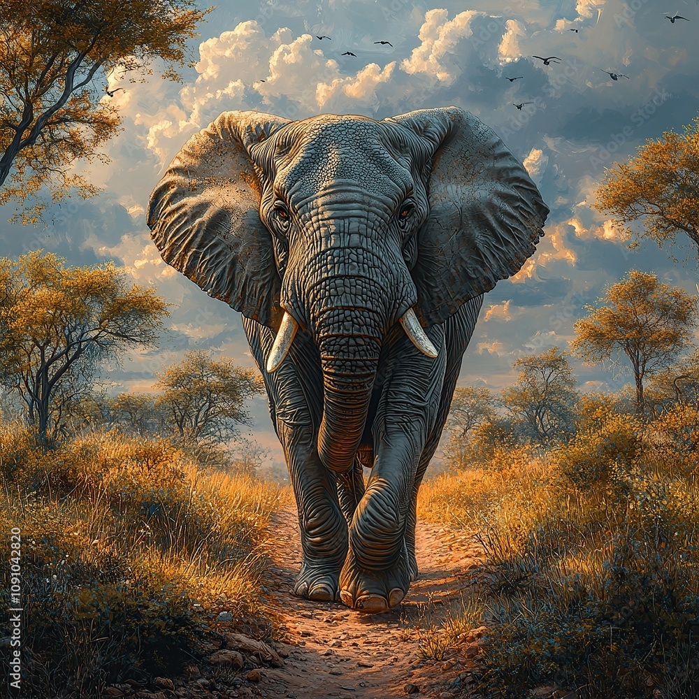 Fototapeta premium Majestic African elephant walking towards the viewer on a dirt path, surrounded by golden savanna grasslands under a dramatic sky.