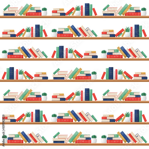 Seamless pattern with colorful books on shelves