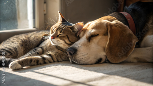 Katze und Hund liegen schlafend zusammen. Closeup. Ruhige entspannte Atmosphäre photo