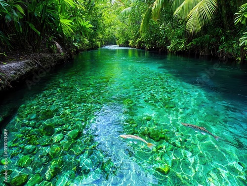 A crystalclear tributary flowing into a larger river through a dense forest, with fish swimming and lush vegetation thriving along the banks photo