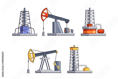 Oil rigs and pump station, oilfield platform and chemical wells development isolated set on white