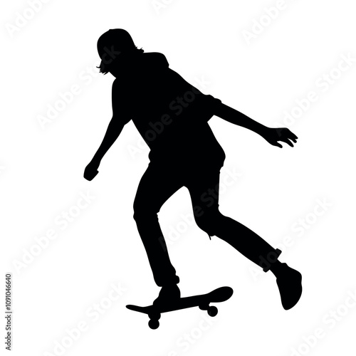 A man is riding a skateboard. He is wearing a hat and a hoodie. He is holding his hand out