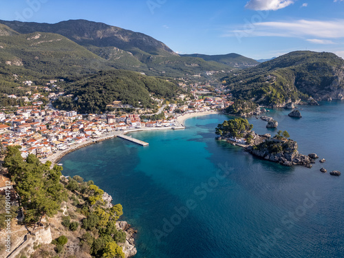 Aerial drone view of the coastal town and holiday destination of Parga in Greece. photo