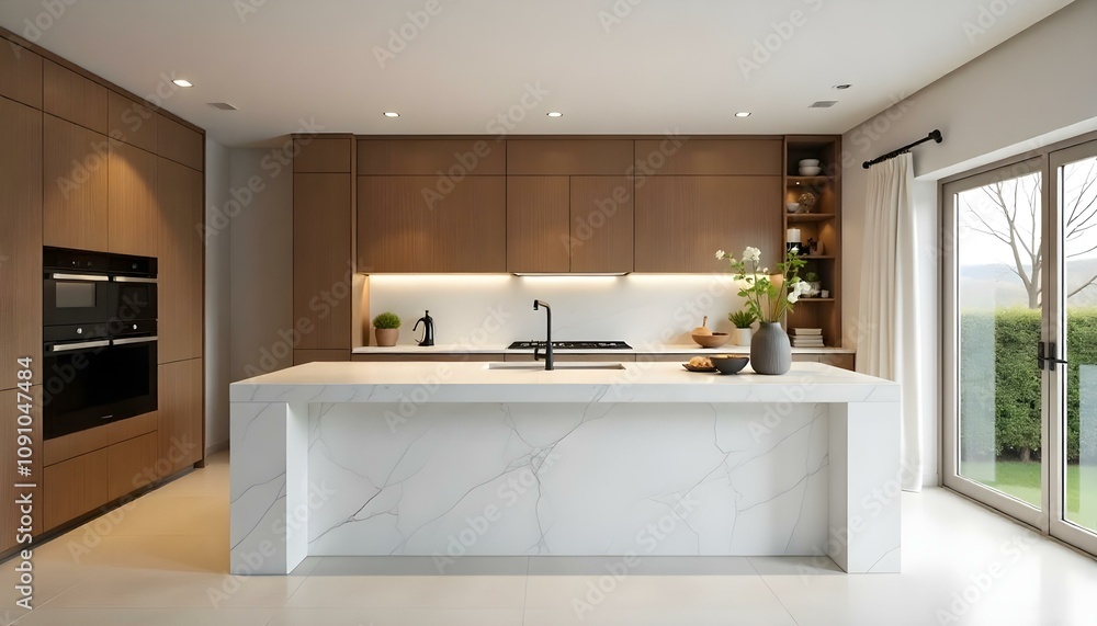 A modern kitchen with a large marble countertop, wooden cabinets, and recessed lighting A modern kitchen with a large marble countertop, wooden cabinets, and recessed lighting