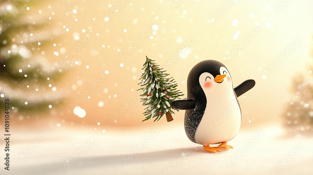 Obraz premium A whimsical animated penguin sliding on ice, carrying a tiny Christmas tree with a warm cream backdrop