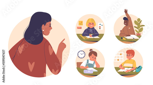 Teacher and smart children cartoon characters enjoying studying process isolated composition
