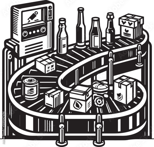 Grocery Store Escalator Conveying Food Products. A stylized illustration of a grocery store escalator, conveying various food items.