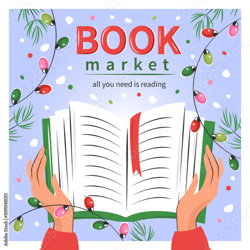 Banner for bookstore, library, sale in bookshop. Book market. Books with winter decor. Vector illustration for poster, cover, marketing.
