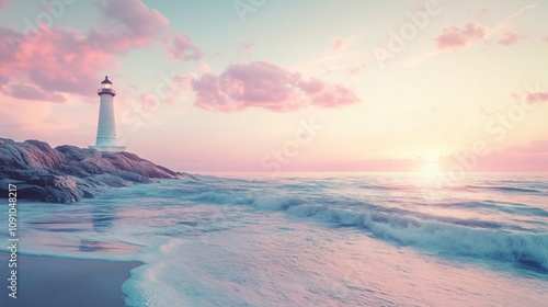 dreamy view of a lighthouse on a rocky coast under a pastel-toned sky, with gentle waves lapping the shore; perfect for maritime themes