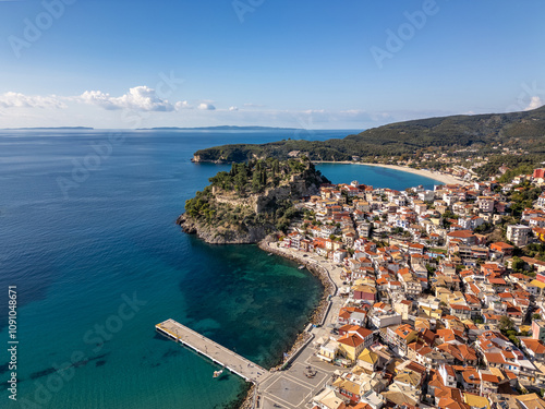 Aerial drone view of the coastal town and holiday destination of Parga in Greece. photo