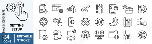 setting setup web line icons collection. installation, maintenance, update, download, configuration, options, restore settings and more. editable stroke.