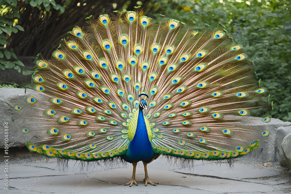 Obraz premium Majestic Peacock Display: A vibrant Indian peafowl proudly displays its iridescent tail feathers in a breathtaking show of natural beauty. The intricate details and vivid colors are captivating.