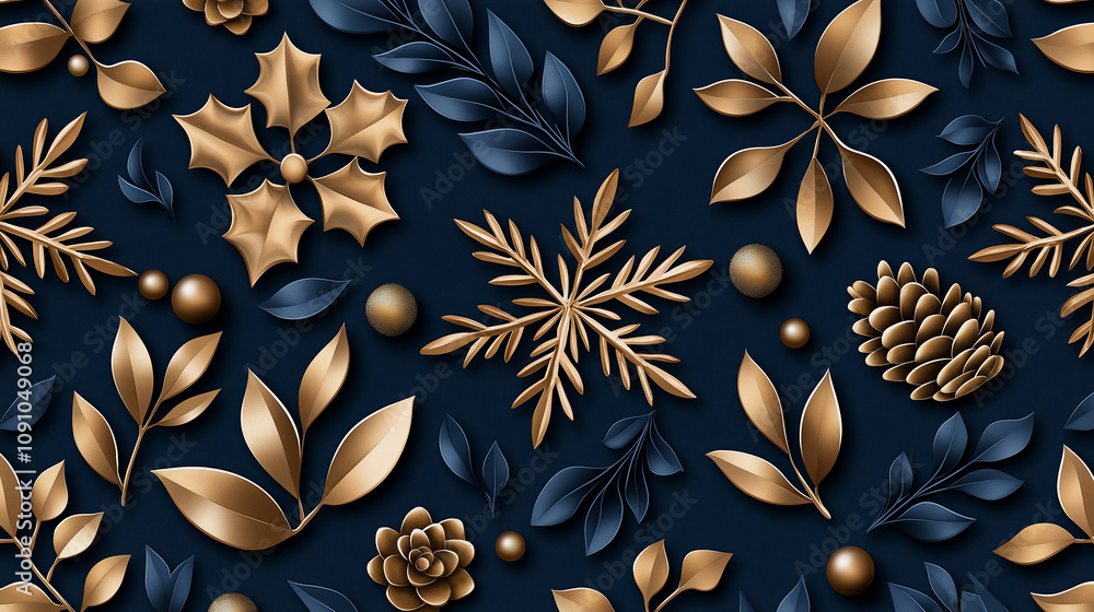 Elegant gold and dark blue festive pattern with snowflakes, holly, and leaves, creating luxurious holiday atmosphere Elegant gold and dark blue festive pattern with snowflakes, holly, and leaves, creating luxurious holiday atmosphere