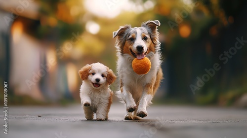 Two playful dogs running joyfully on a sunny street, capturing the essence of companionship and fun. photo