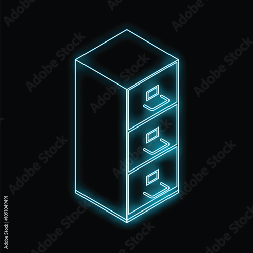 Neon isometric file cabinet glowing on a black background, perfect for technology and business concepts