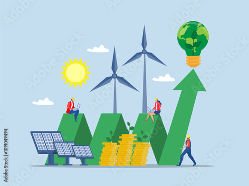 Businessman invests in clean and green energy.  Solar panel and windmills ,Saving money and nature ESG or ecology problem concept modern flat vector illustration