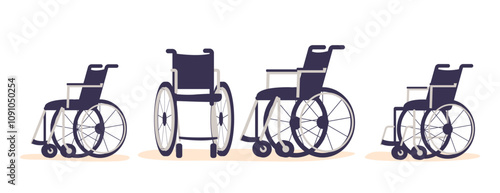Wheelchairs medical equipment in different position for people with special needs and injured person